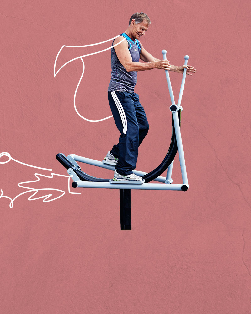 A man exercises on an an outdoor gym equipment. He is cut out and placed on a pink background